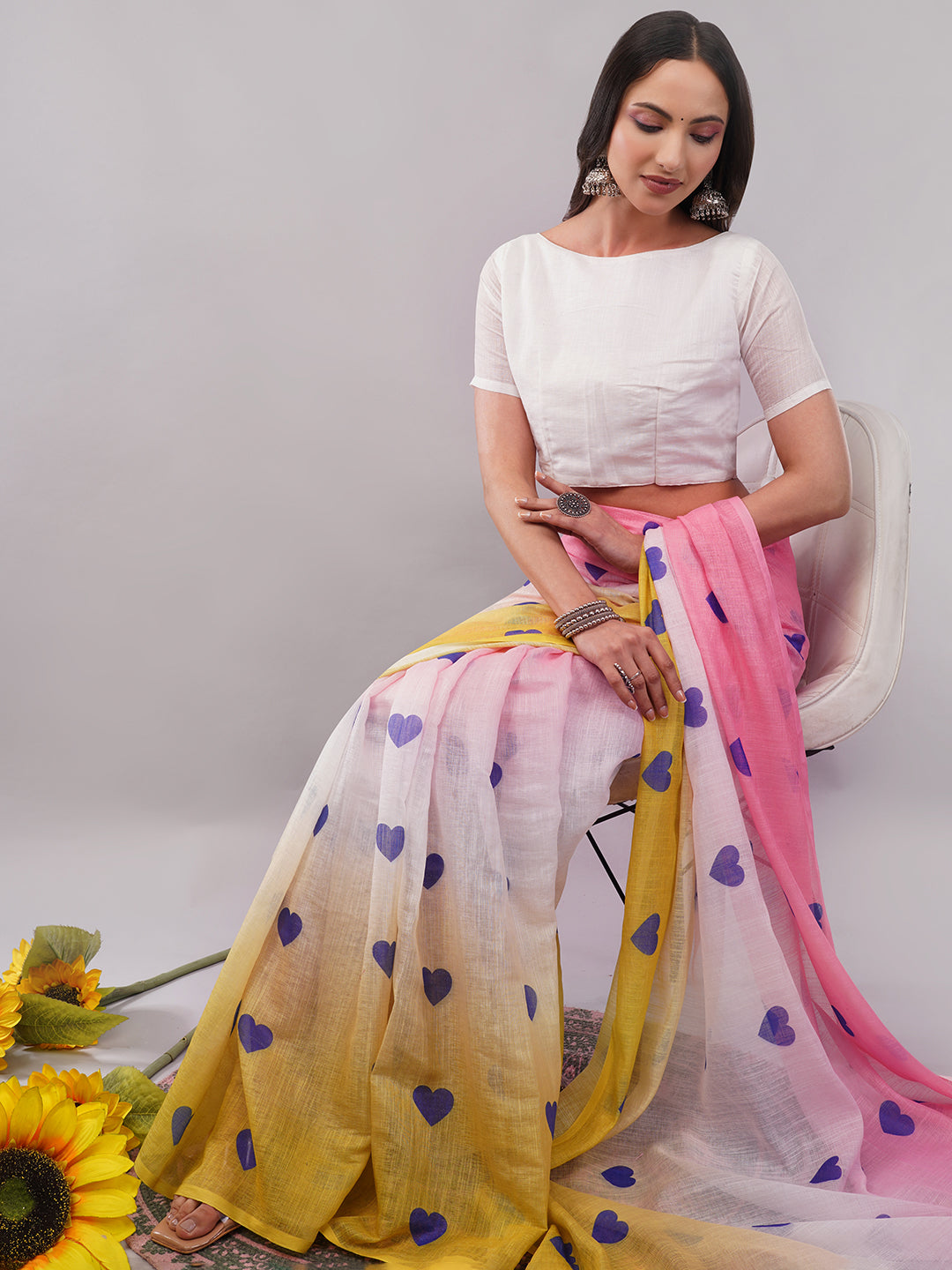 Samantha Women's Pink & Yellow Ombre Linen Saree with Blue Heart Print | Funky Breathable Summer Wear