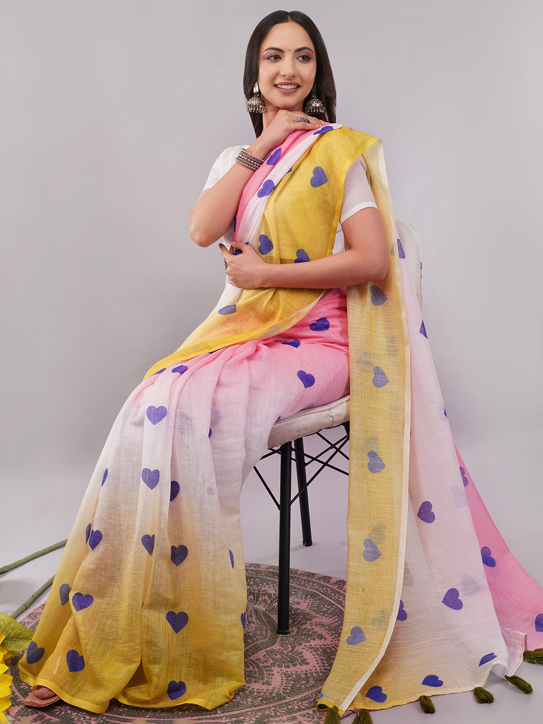 Samantha Women's Pink & Yellow Ombre Linen Saree with Blue Heart Print | Funky Breathable Summer Wear