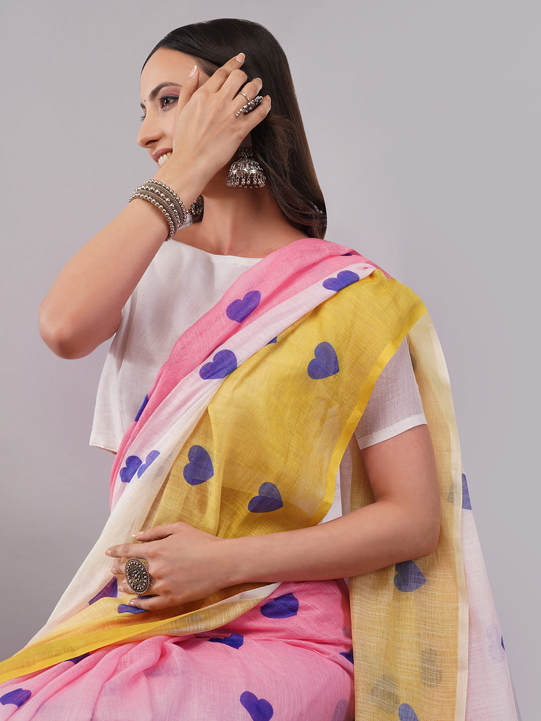 Samantha Women's Pink & Yellow Ombre Linen Saree with Blue Heart Print | Funky Breathable Summer Wear
