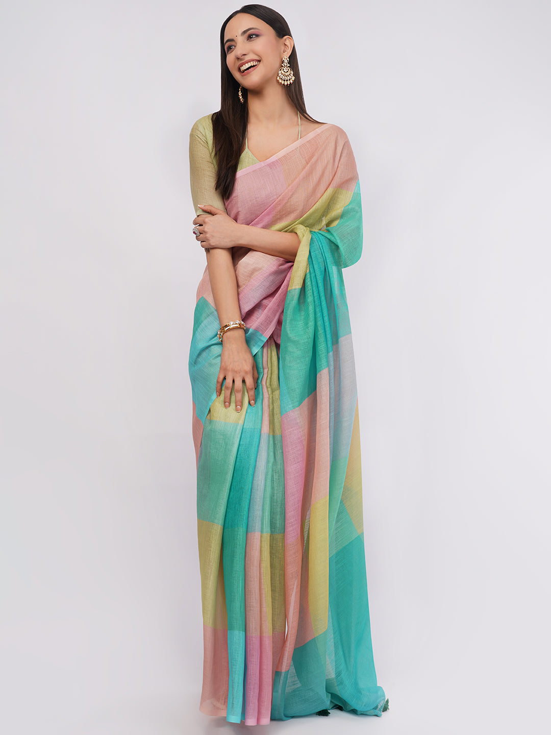 Multicolor pastel block check linen saree draped by woman for summer wear by Samantha