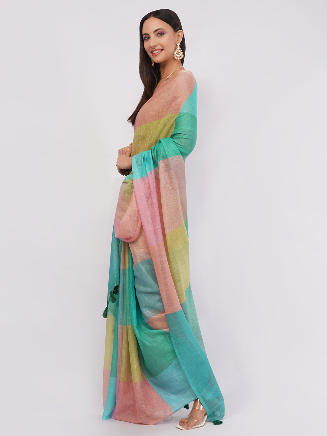 Samantha Women's Multicolor Pastel Block Check Linen Saree (Pink, Green & Yellow) | Breathable Summer Office Wear