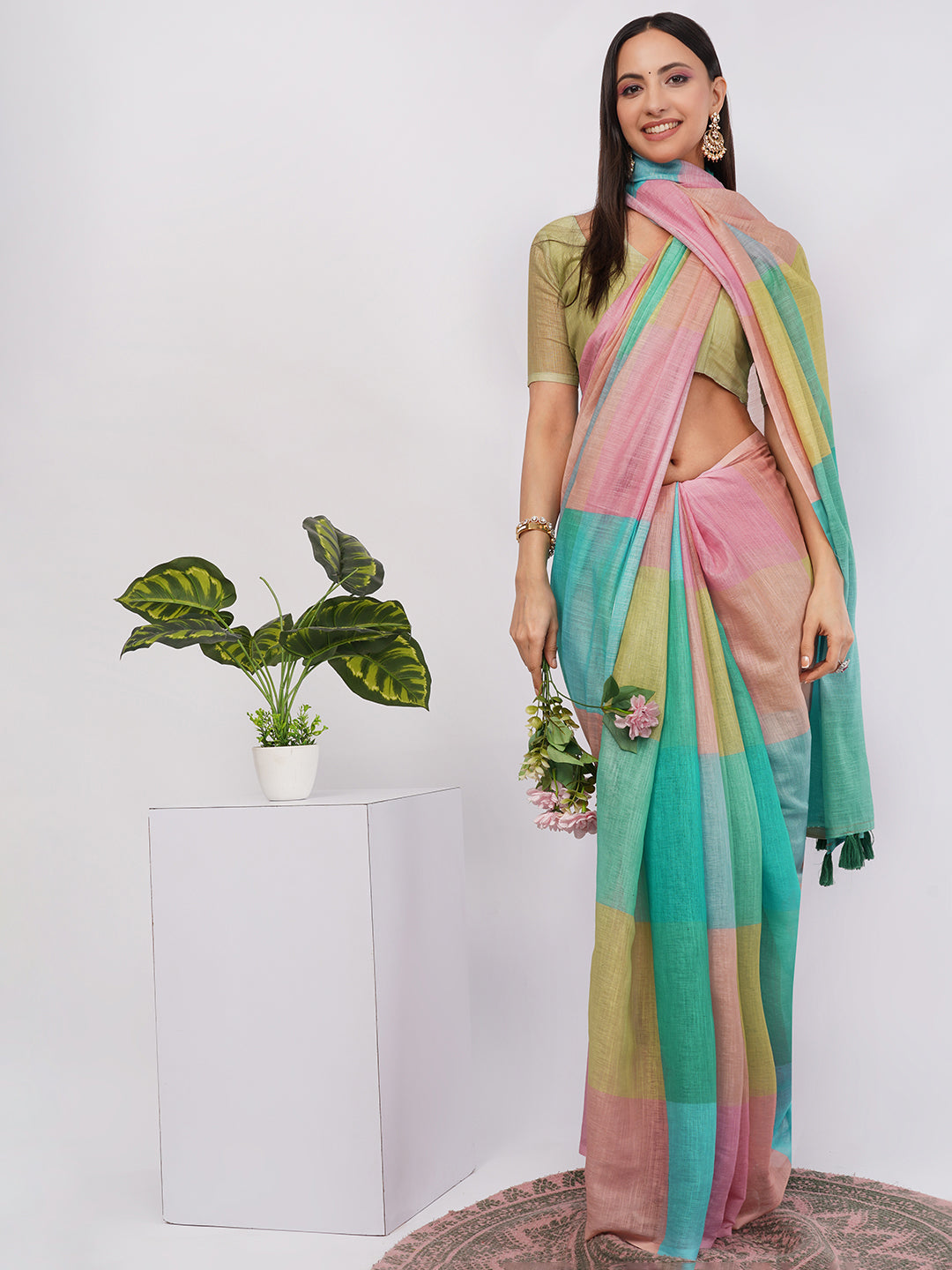 Samantha Women's Multicolor Pastel Block Check Linen Saree (Pink, Green & Yellow) | Breathable Summer Office Wear