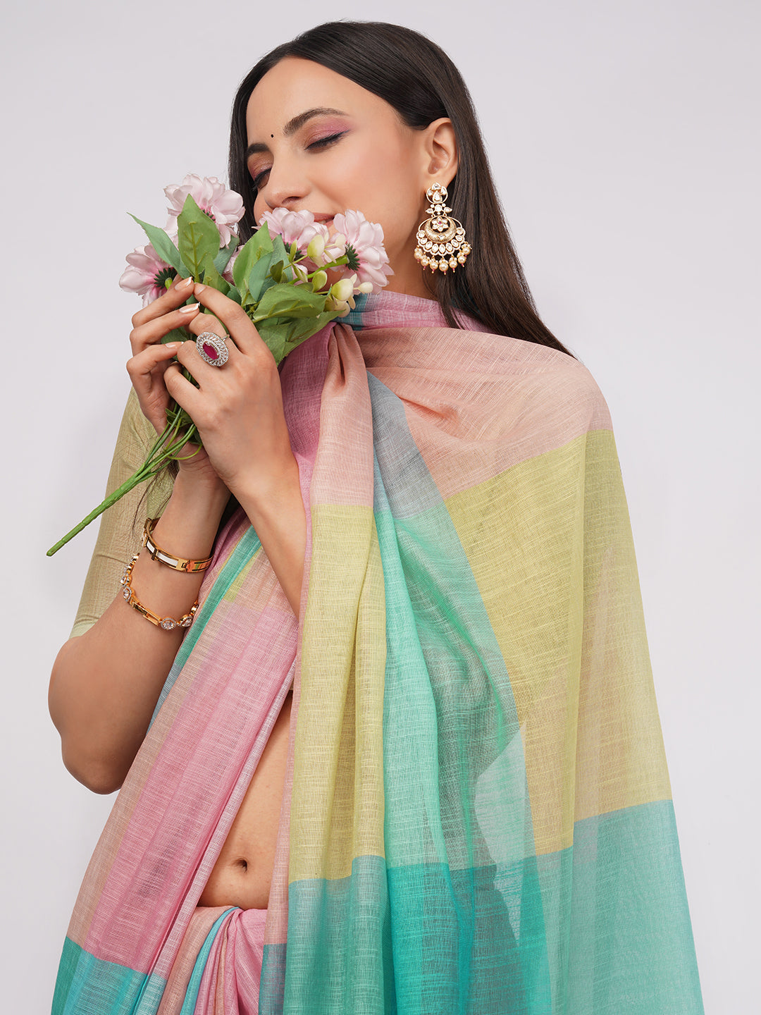 Samantha Women's Multicolor Pastel Block Check Linen Saree (Pink, Green & Yellow) | Breathable Summer Office Wear