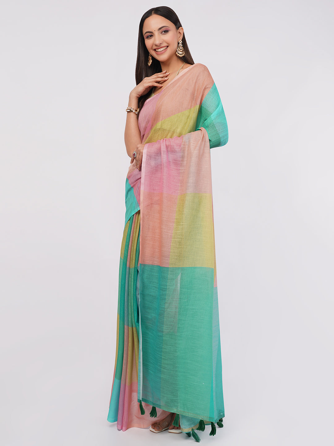 Samantha Women's Multicolor Pastel Block Check Linen Saree (Pink, Green & Yellow) | Breathable Summer Office Wear
