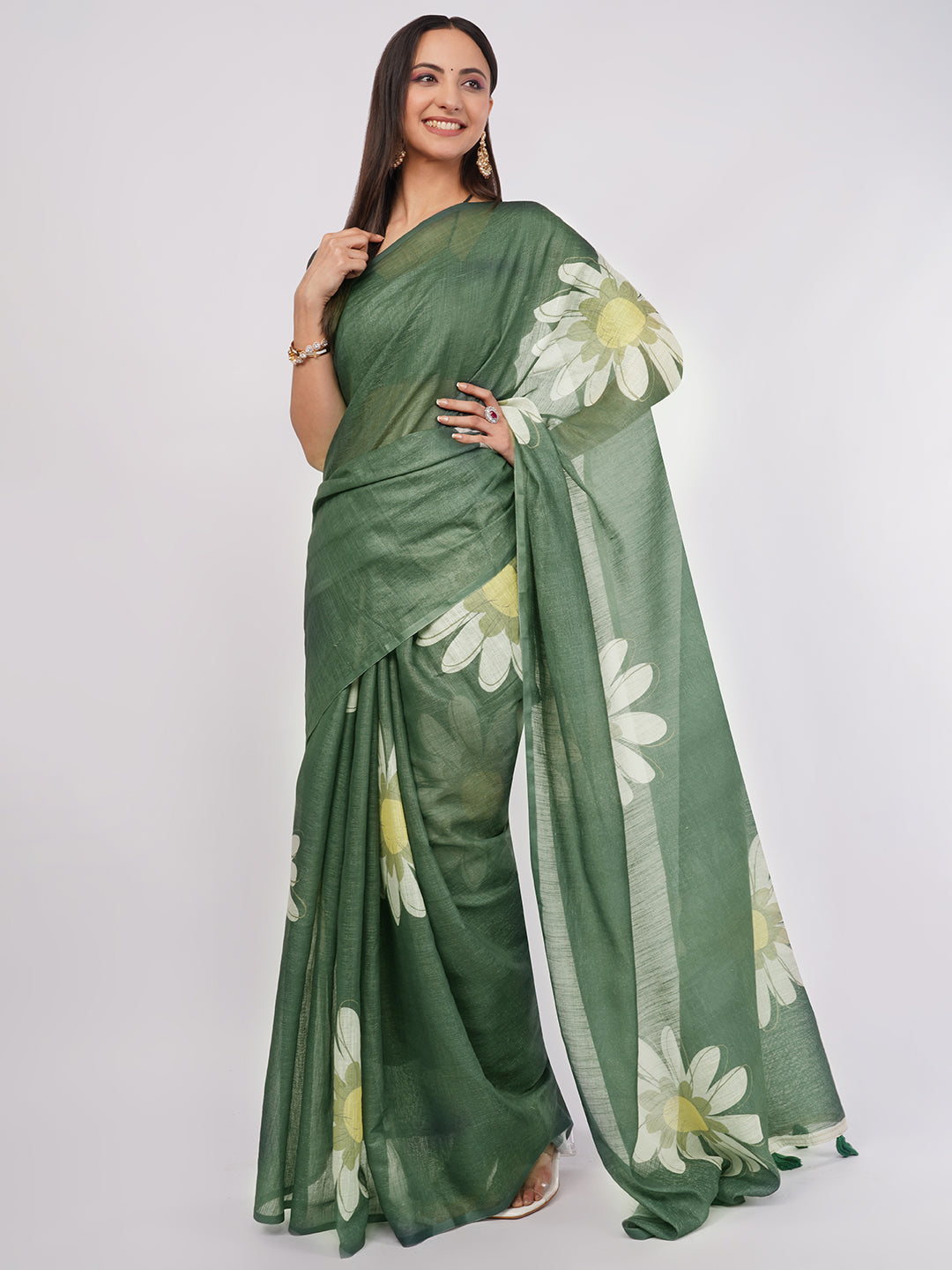 Samantha Women's Forest Green Floral Printed Linen Saree with Solid Blouse | Breathable Nature Inspired Summer Wear
