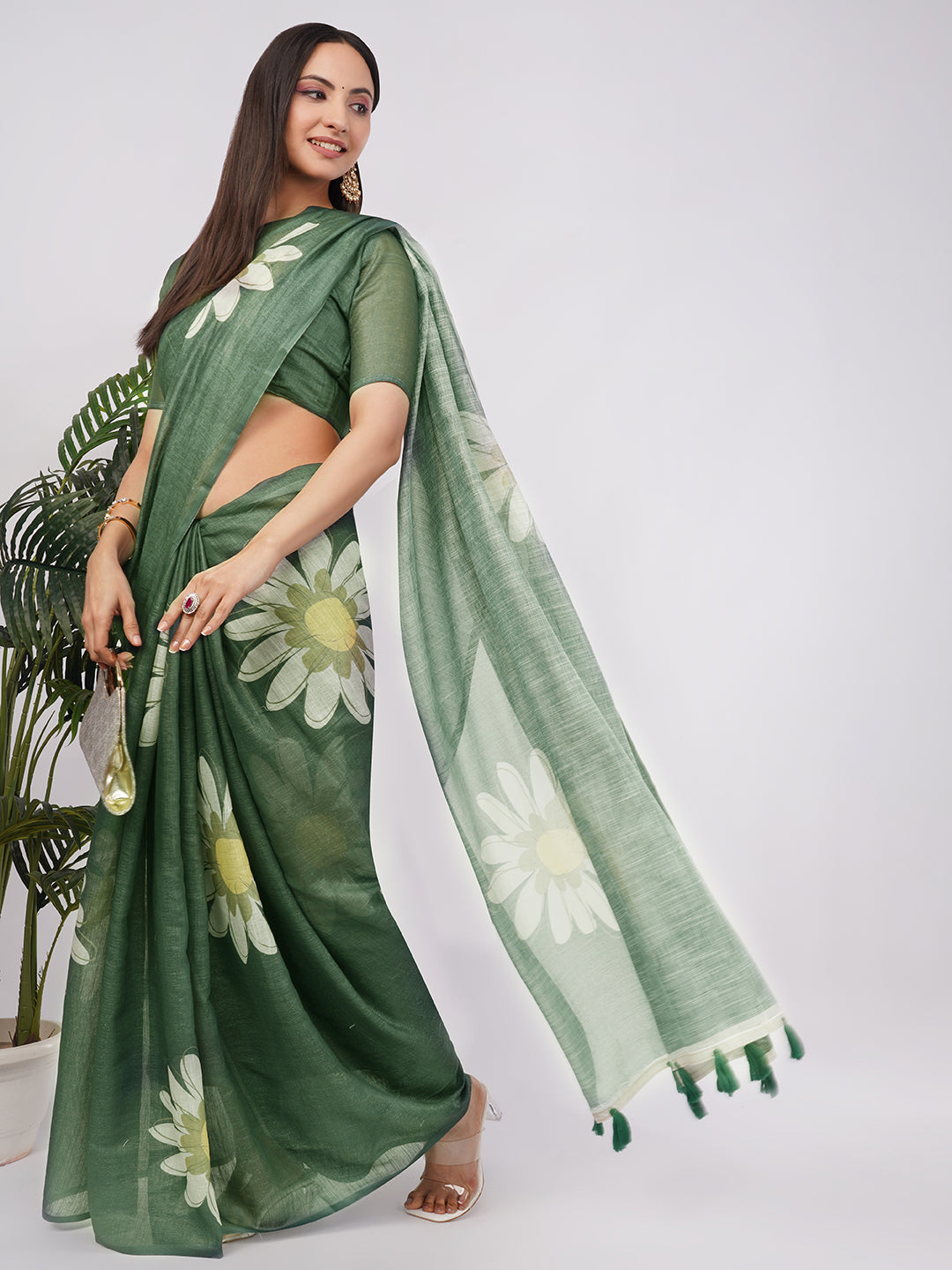 Samantha Women's Forest Green Floral Printed Linen Saree with Solid Blouse | Breathable Nature Inspired Summer Wear