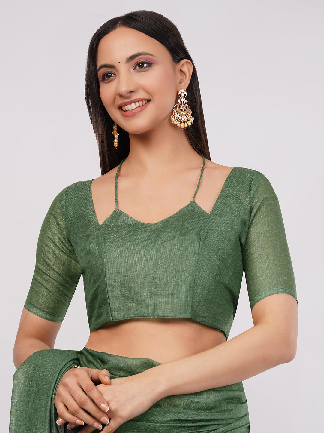 Samantha Women's Forest Green Floral Printed Linen Saree with Solid Blouse | Breathable Nature Inspired Summer Wear
