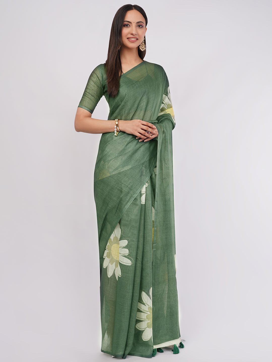 Samantha Women's Forest Green Floral Printed Linen Saree with Solid Blouse | Breathable Nature Inspired Summer Wear