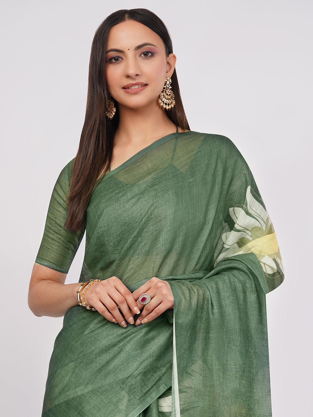 Samantha Women's Forest Green Floral Printed Linen Saree with Solid Blouse | Breathable Nature Inspired Summer Wear