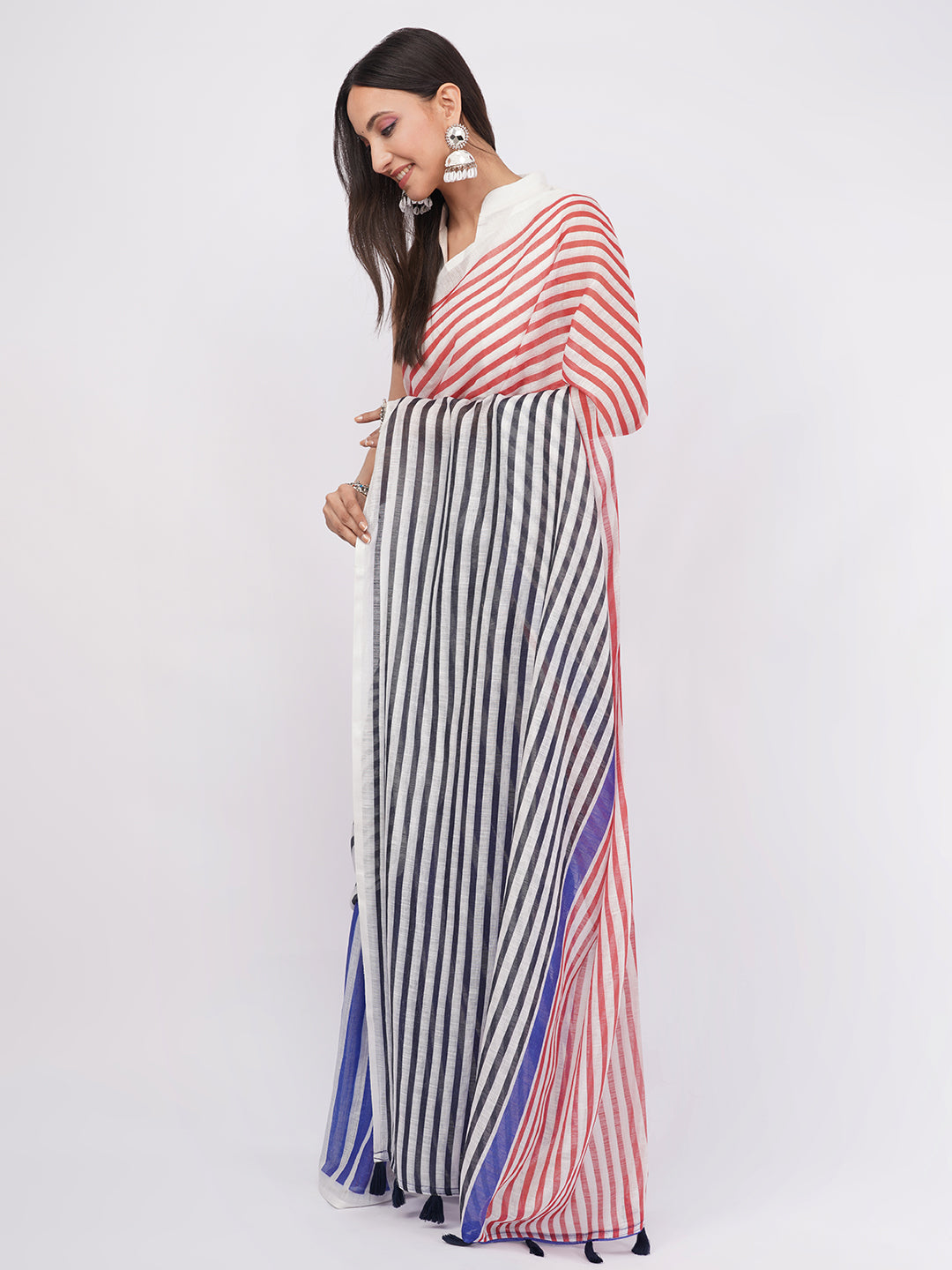 Samantha Women's Red, White & Blue Tri-Color Striped Linen Saree with Solid Blouse | Nautical Breathable Summer Office Wear