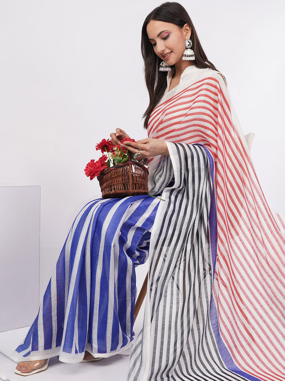 Samantha Women's Red, White & Blue Tri-Color Striped Linen Saree with Solid Blouse | Nautical Breathable Summer Office Wear