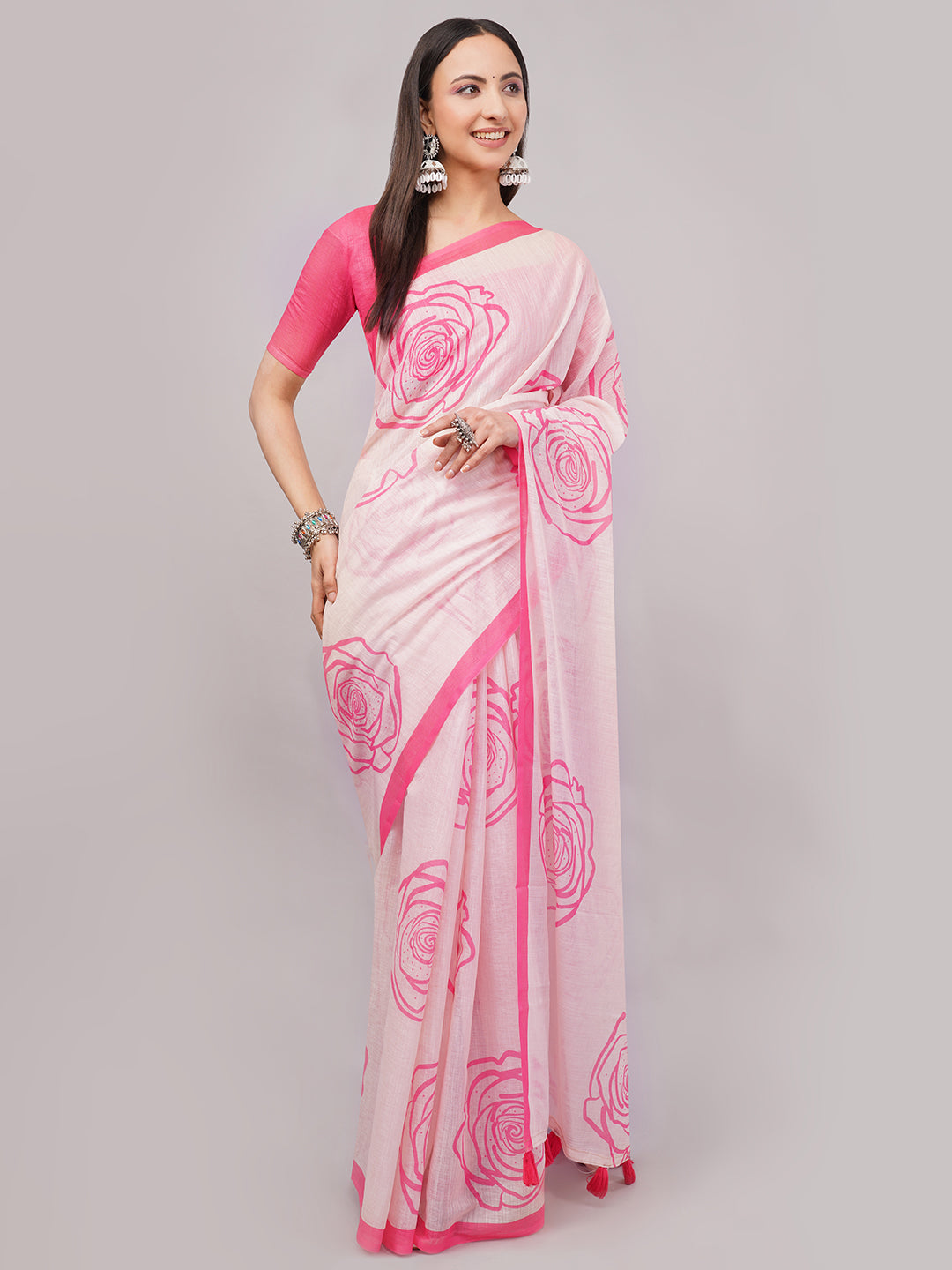 Samantha Women's Peach Pink Linen Saree with Large Rose Outline Print & Solid Blouse | Breathable Romantic Summer Wear