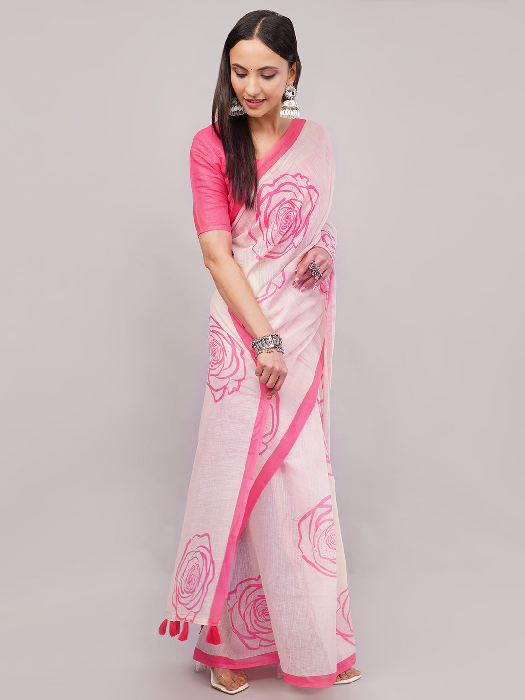 Samantha Women's Peach Pink Linen Saree with Large Rose Outline Print & Solid Blouse | Breathable Romantic Summer Wear