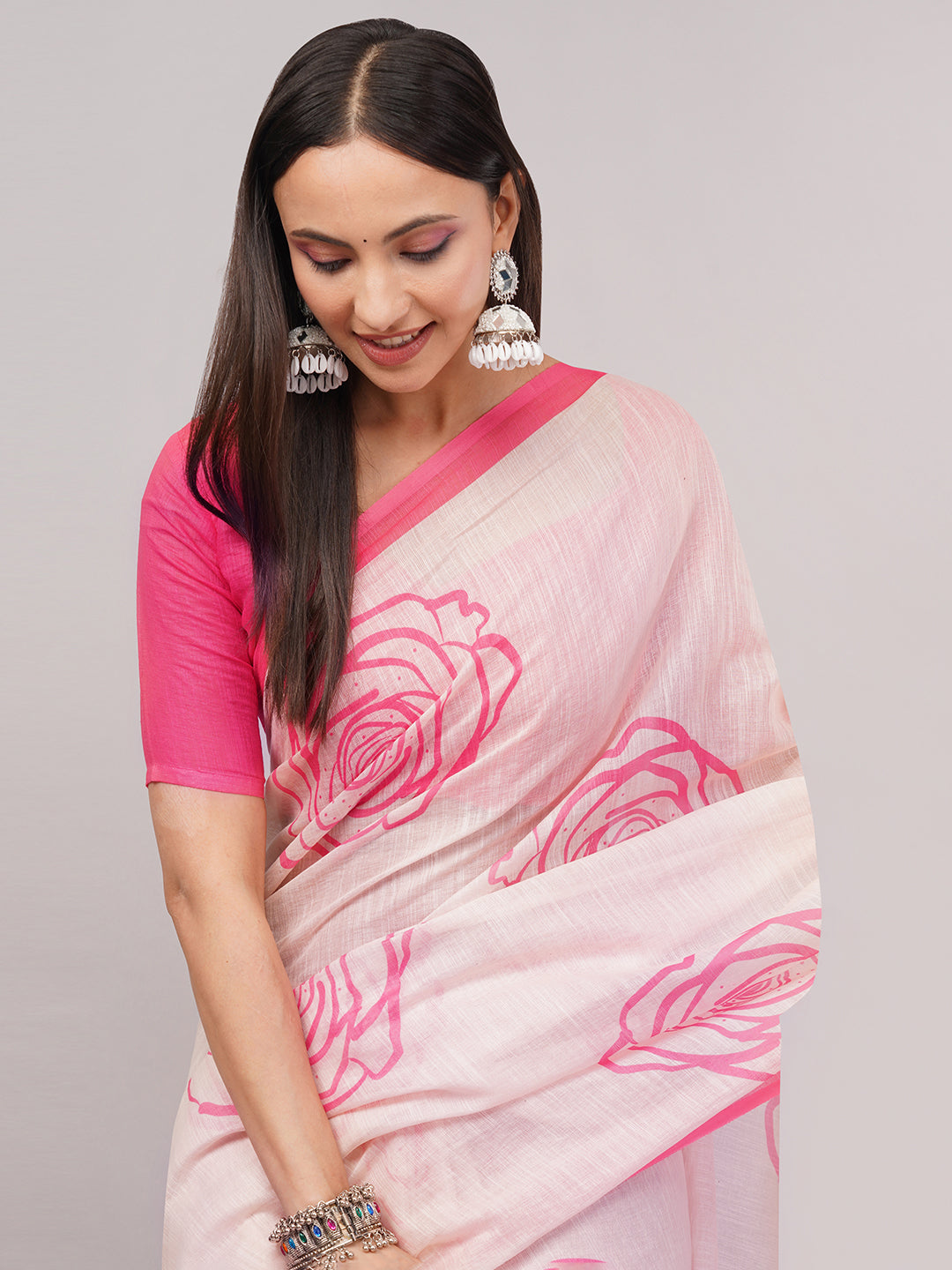 Samantha Women's Peach Pink Linen Saree with Large Rose Outline Print & Solid Blouse | Breathable Romantic Summer Wear