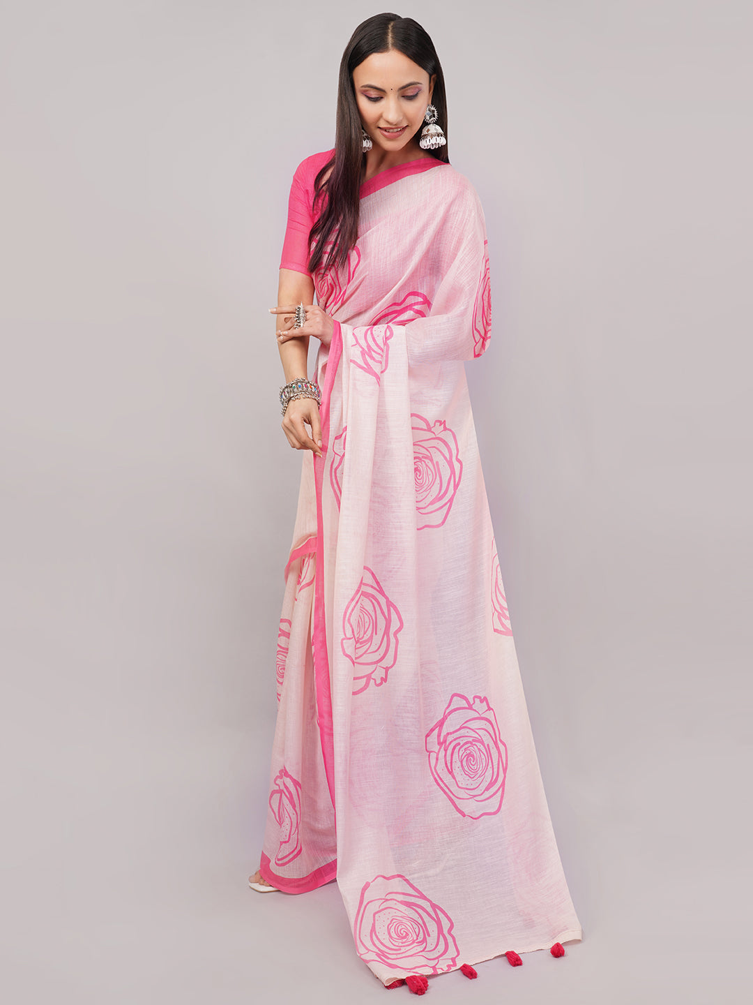 Samantha Women's Peach Pink Linen Saree with Large Rose Outline Print & Solid Blouse | Breathable Romantic Summer Wear