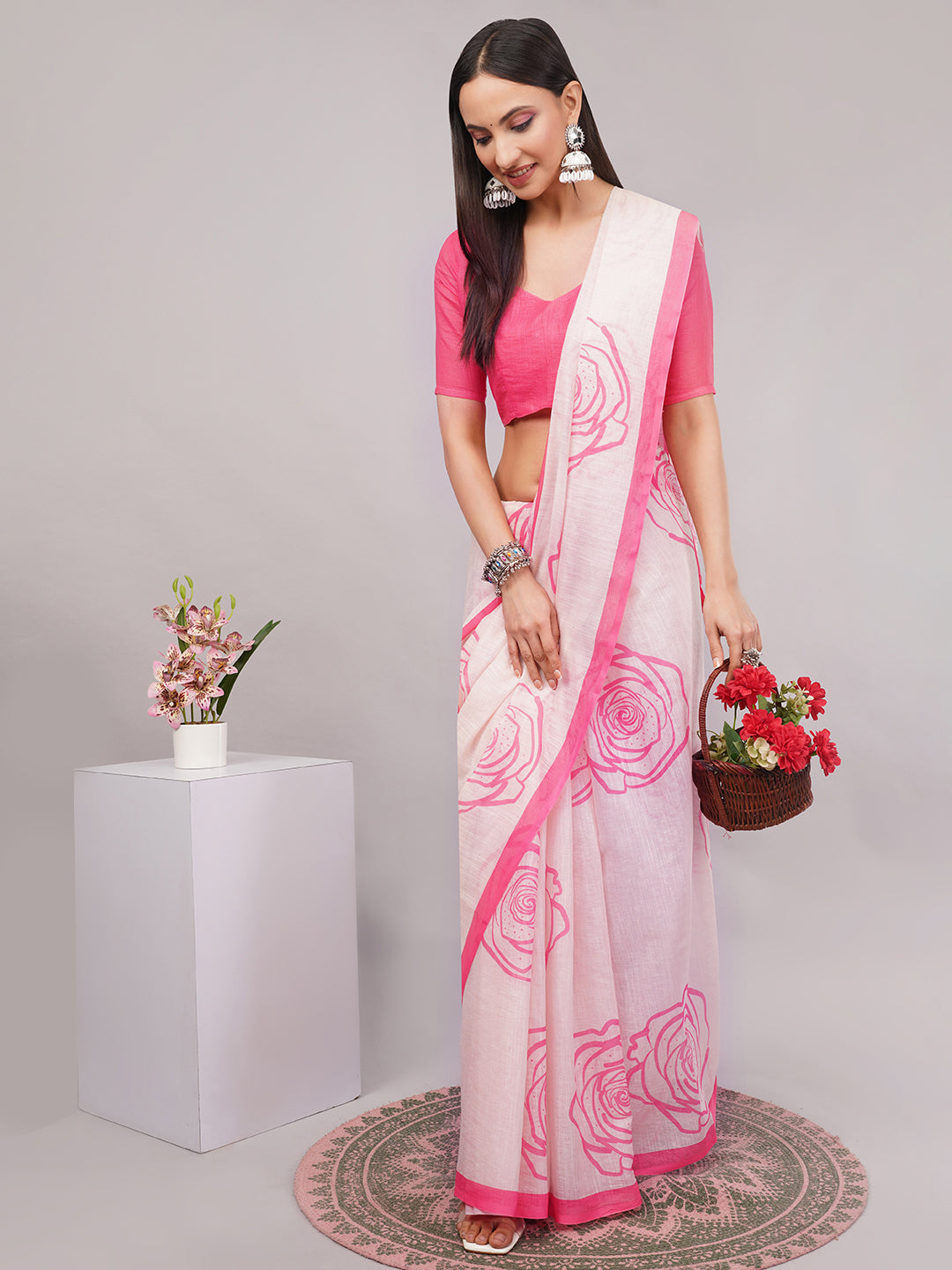 Samantha Women's Peach Pink Linen Saree with Large Rose Outline Print & Solid Blouse | Breathable Romantic Summer Wear