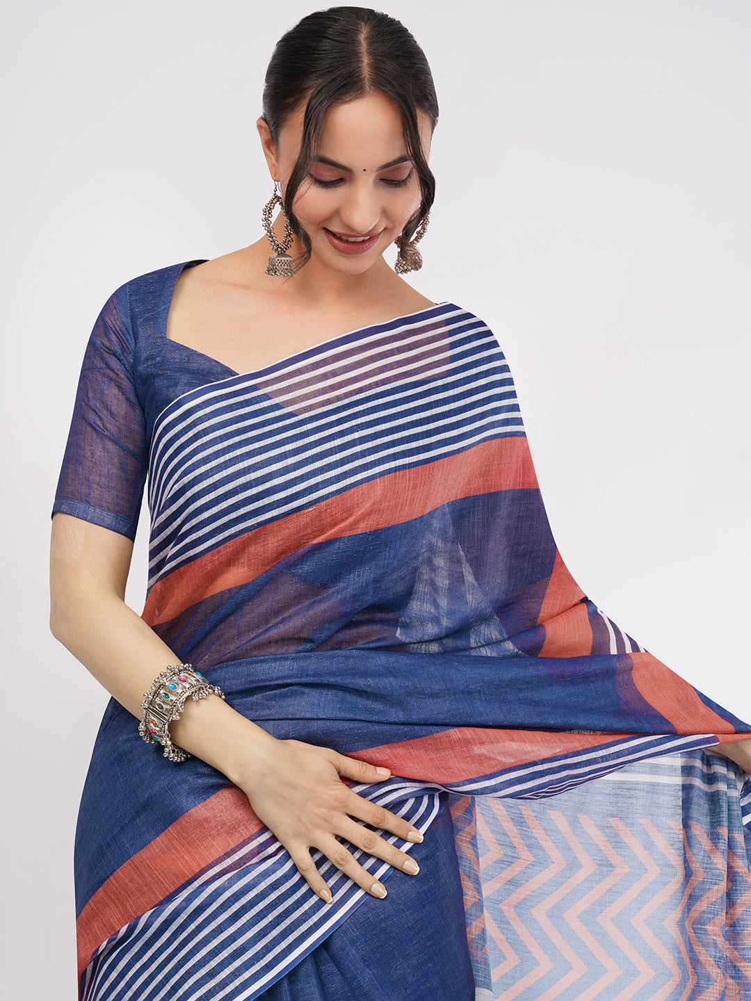 Samantha Women's Indigo Blue & Rust Red Geometric Striped Linen Saree with Solid Blouse | Modern Breathable Office Wear