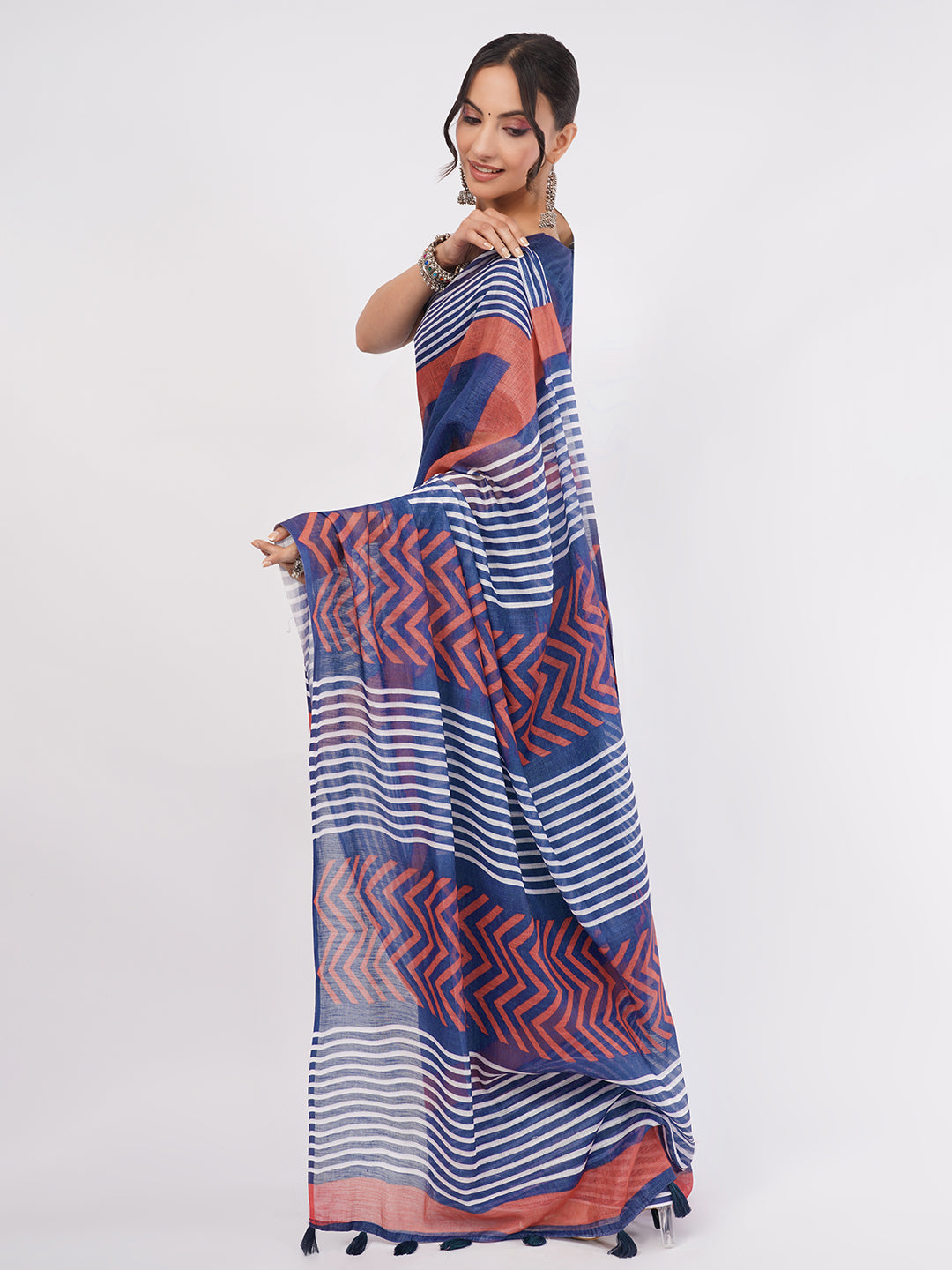 Samantha Women's Indigo Blue & Rust Red Geometric Striped Linen Saree with Solid Blouse | Modern Breathable Office Wear