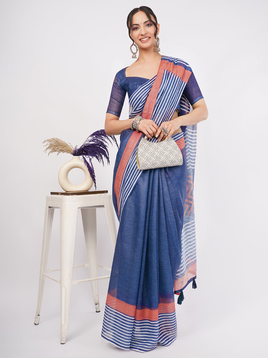 Samantha Women's Indigo Blue & Rust Red Geometric Striped Linen Saree with Solid Blouse | Modern Breathable Office Wear
