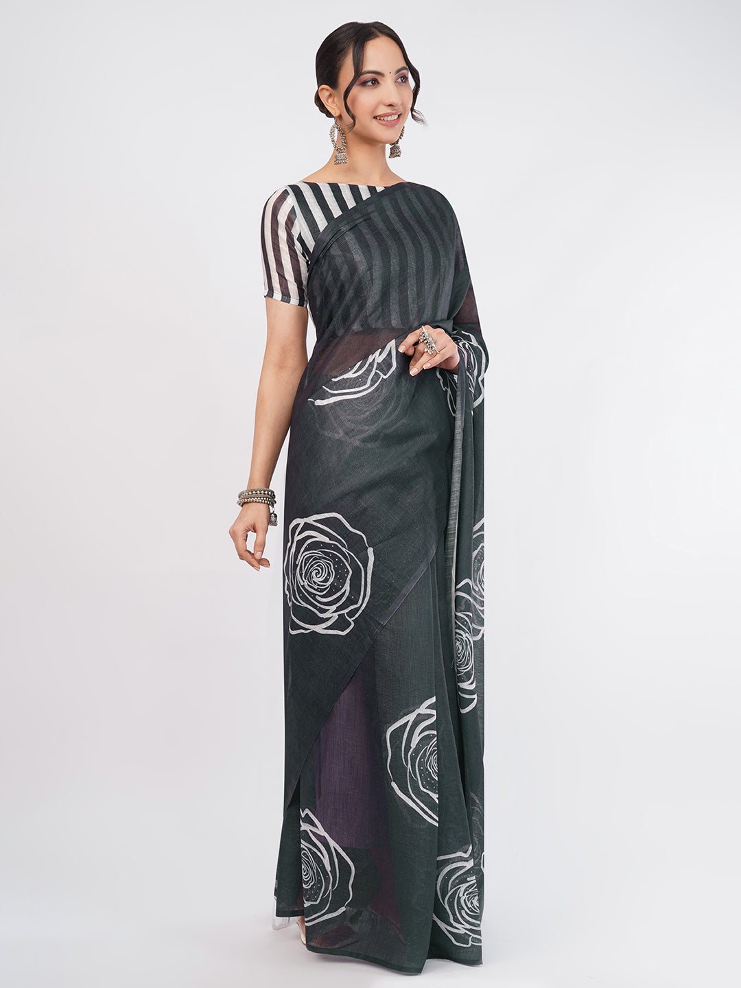 Samantha Women's Black Linen Saree with White Rose Outline Print & Striped Blouse | Elegant Breathable Office Wear