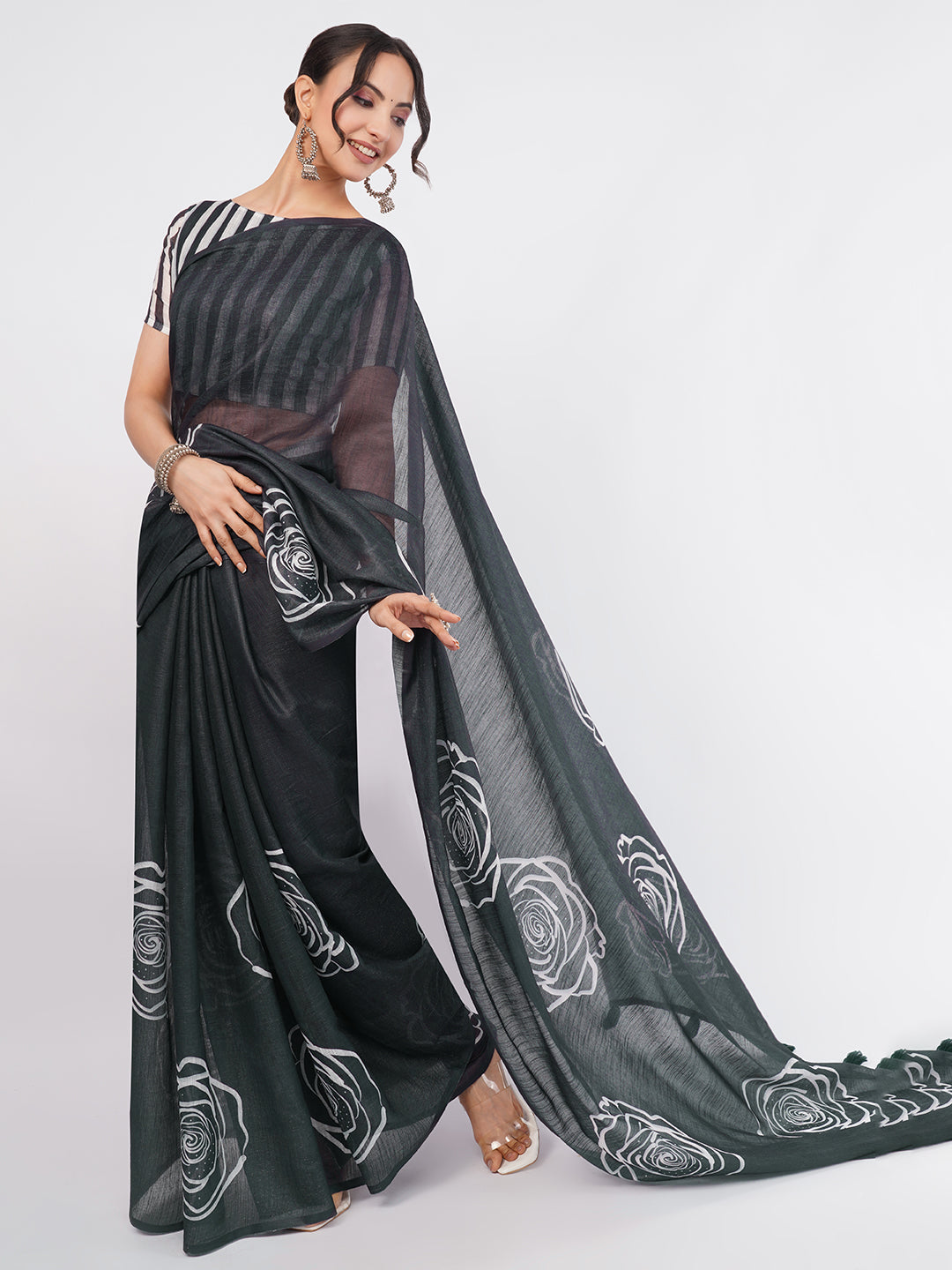 Samantha Women's Black Linen Saree with White Rose Outline Print & Striped Blouse | Elegant Breathable Office Wear
