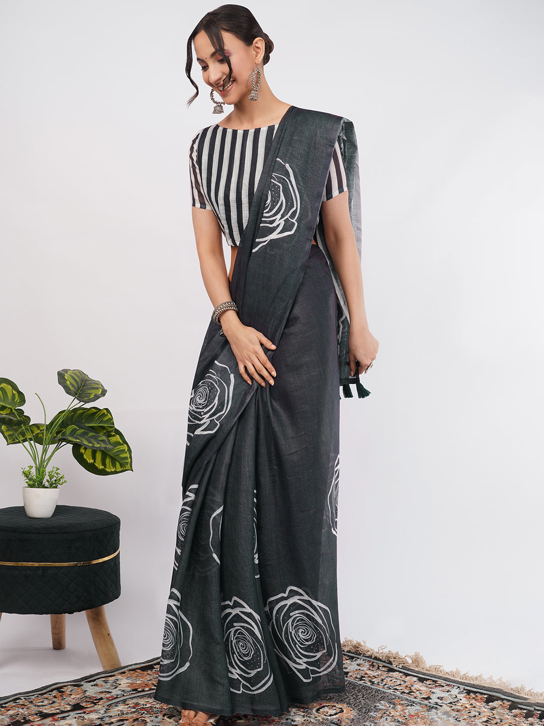Samantha Women's Black Linen Saree with White Rose Outline Print & Striped Blouse | Elegant Breathable Office Wear
