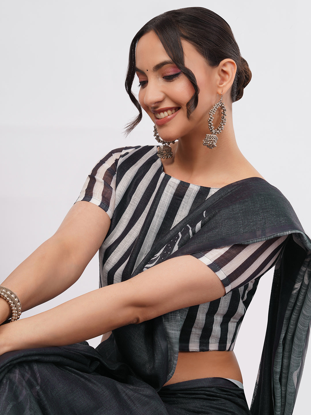 Samantha Women's Black Linen Saree with White Rose Outline Print & Striped Blouse | Elegant Breathable Office Wear