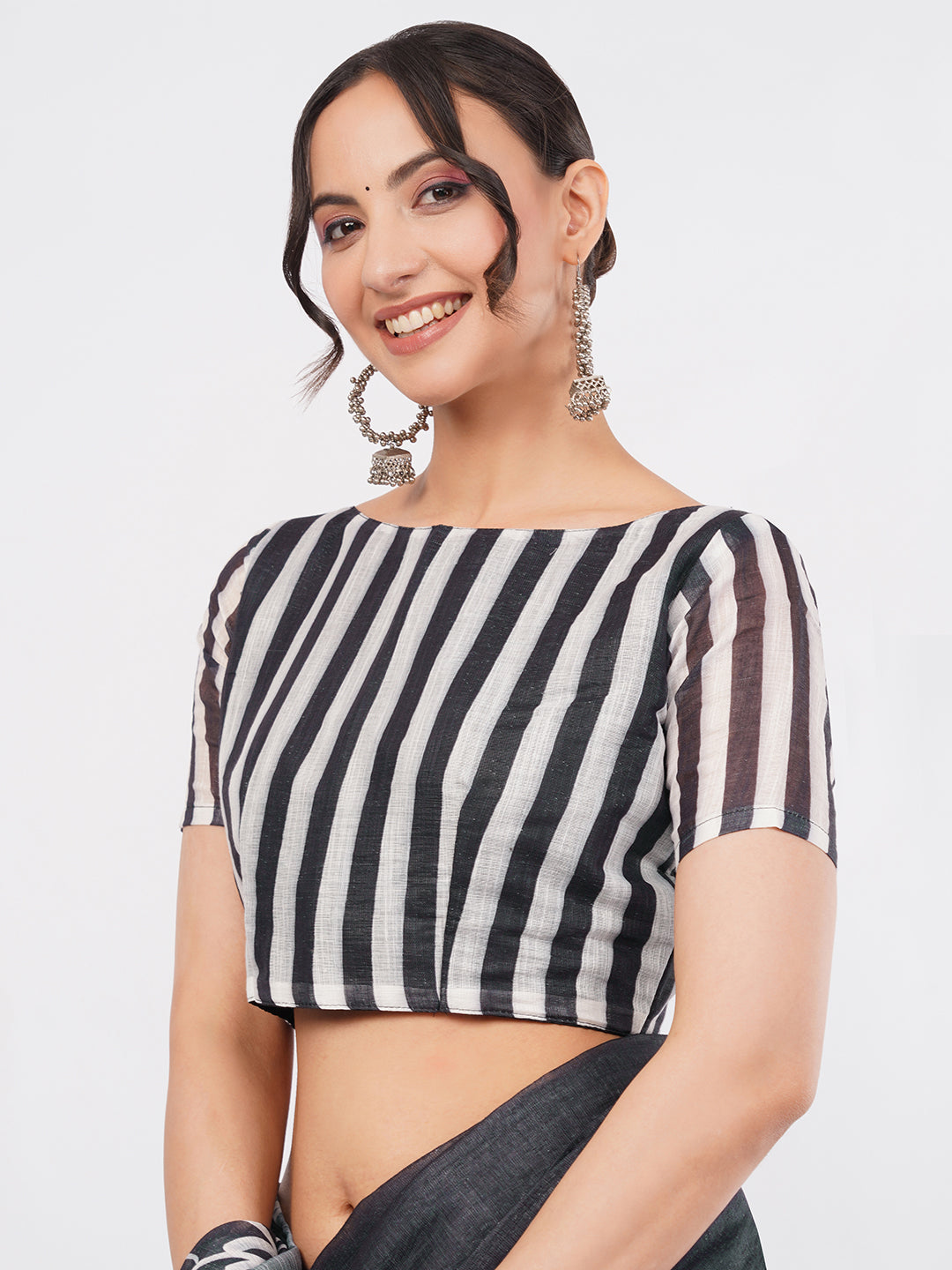 Samantha Women's Black Linen Saree with White Rose Outline Print & Striped Blouse | Elegant Breathable Office Wear