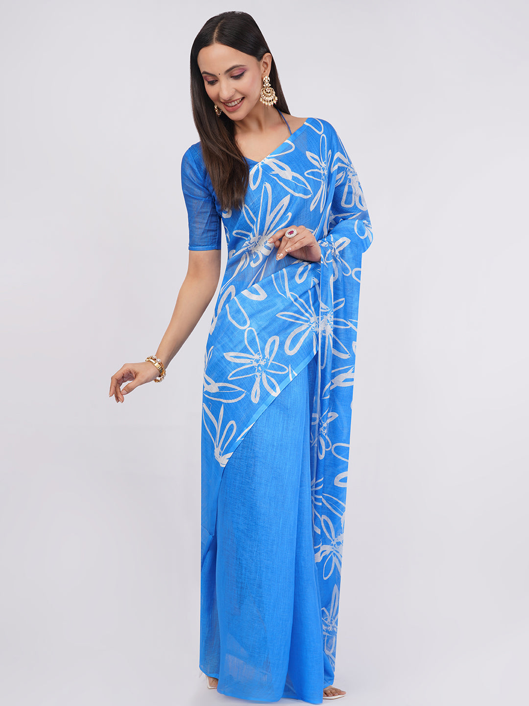 Samantha Women's Sky Blue Linen Saree with White Sketch Floral Print & Solid Blouse | Breathable Summer Day Wear