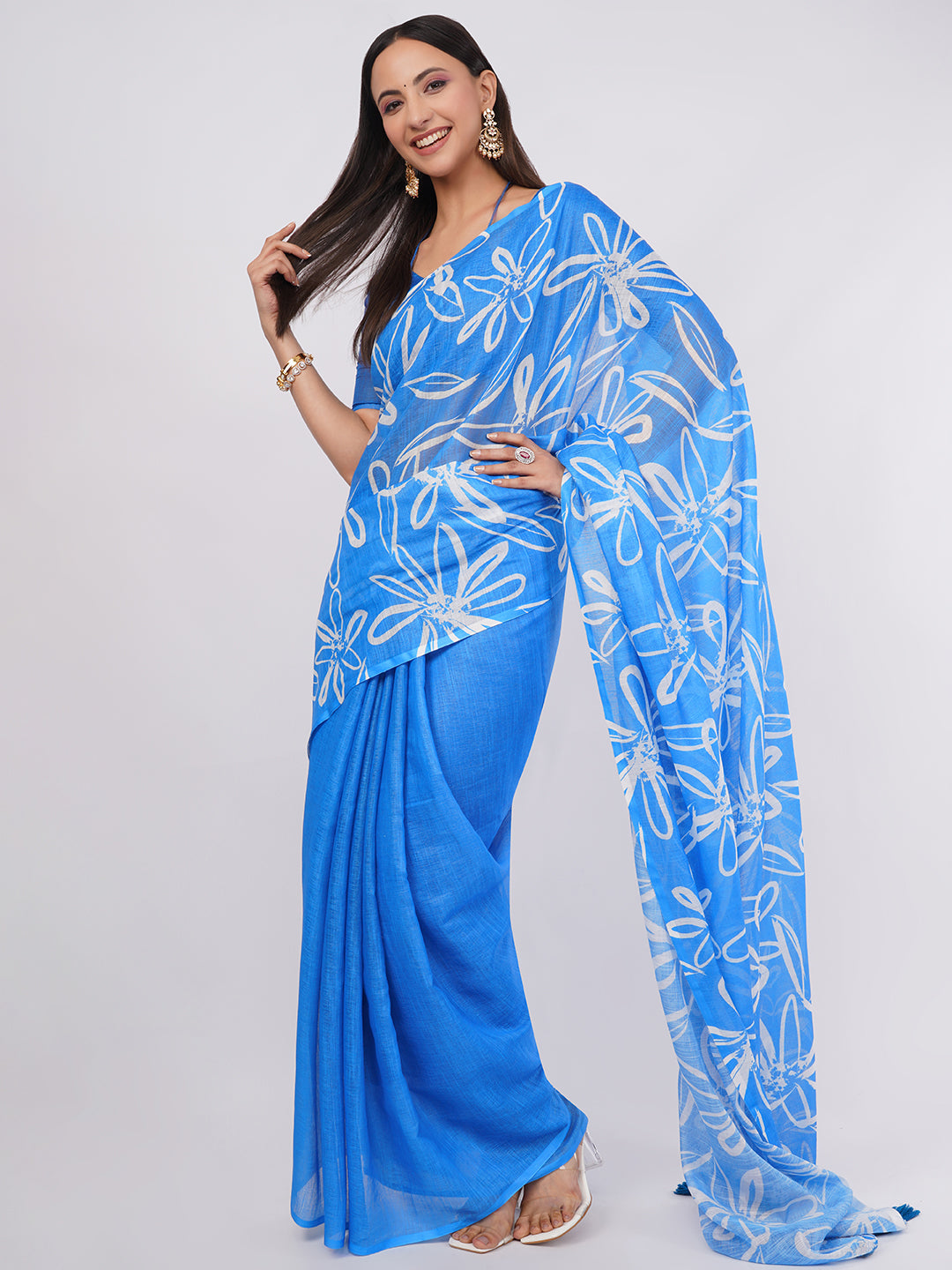 Samantha Women's Sky Blue Linen Saree with White Sketch Floral Print & Solid Blouse | Breathable Summer Day Wear