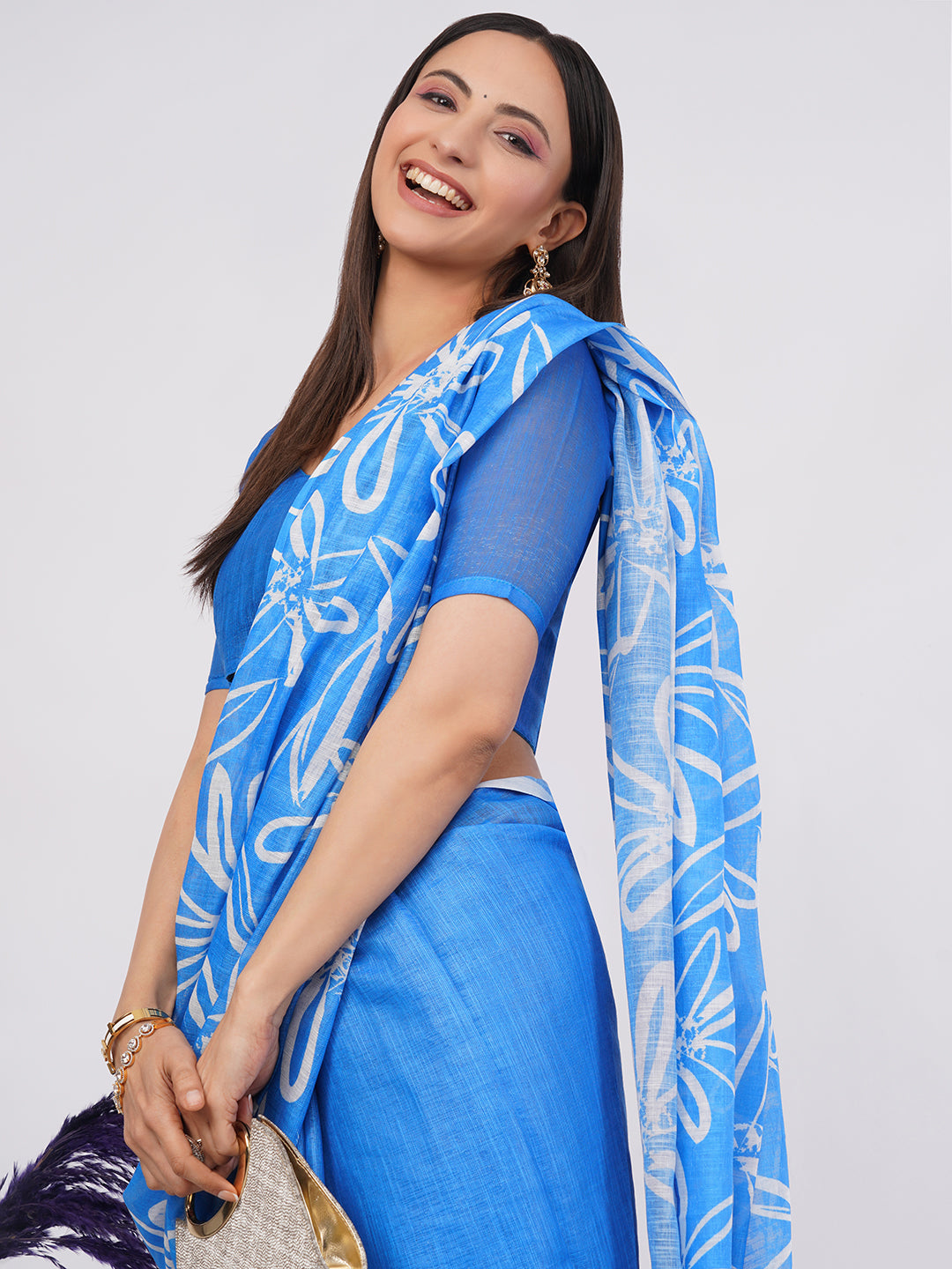 Samantha Women's Sky Blue Linen Saree with White Sketch Floral Print & Solid Blouse | Breathable Summer Day Wear