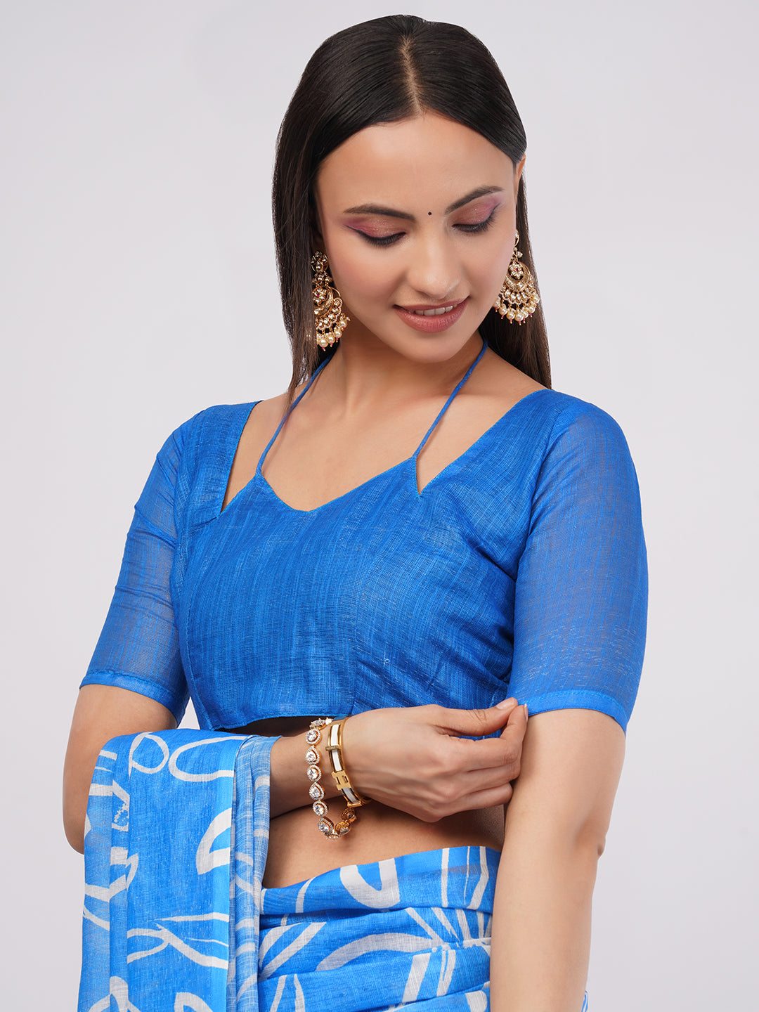 Samantha Women's Sky Blue Linen Saree with White Sketch Floral Print & Solid Blouse | Breathable Summer Day Wear