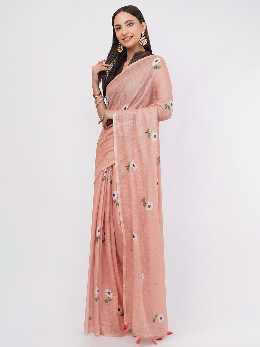 Samantha Women's Peach Linen Saree with Delicate White Floral Motifs | Minimalist Breathable Summer Office Wear