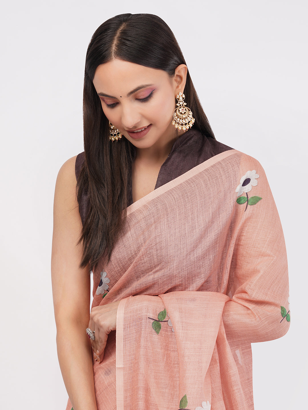 Samantha Women's Peach Linen Saree with Delicate White Floral Motifs | Minimalist Breathable Summer Office Wear