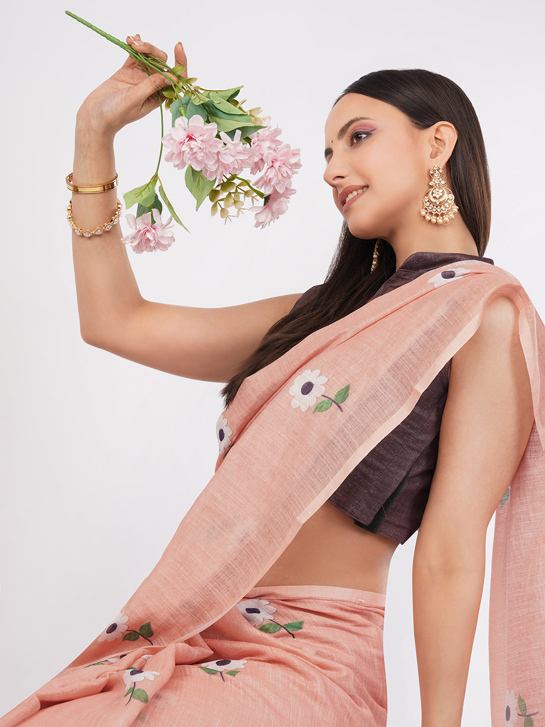 Samantha Women's Peach Linen Saree with Delicate White Floral Motifs | Minimalist Breathable Summer Office Wear
