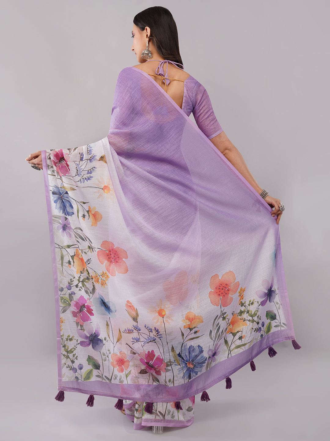 Samantha Women's Lavender Purple & White Linen Saree with Multicolor Floral Digital Print | Breathable Summer Party Wear