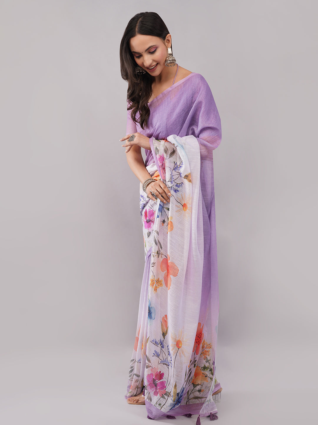 Samantha Women's Lavender Purple & White Linen Saree with Multicolor Floral Digital Print | Breathable Summer Party Wear