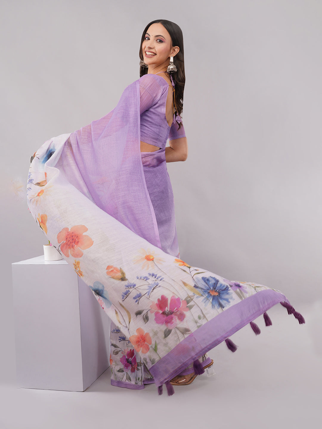 Samantha Women's Lavender Purple & White Linen Saree with Multicolor Floral Digital Print | Breathable Summer Party Wear
