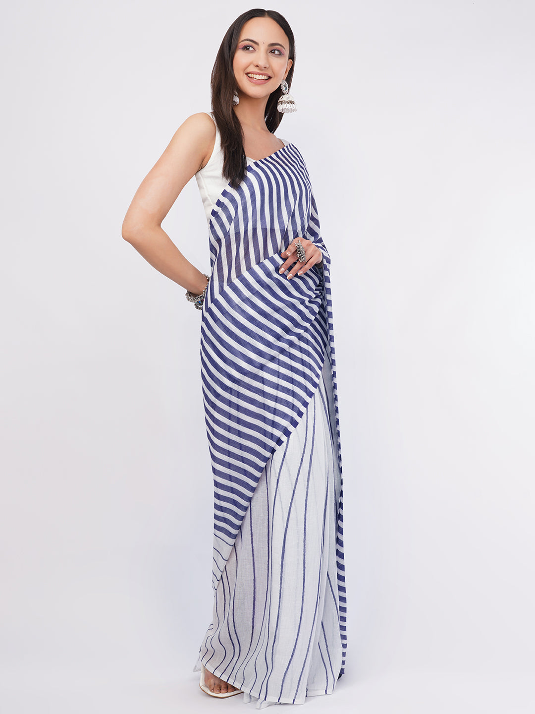 Samantha Women's Navy Blue & White Striped Linen Saree with White Blouse Piece | Minimalist Breathable Office Wear