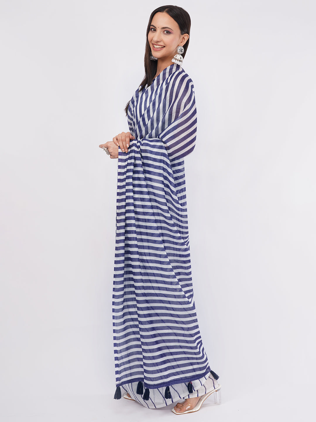 Samantha Women's Navy Blue & White Striped Linen Saree with White Blouse Piece | Minimalist Breathable Office Wear