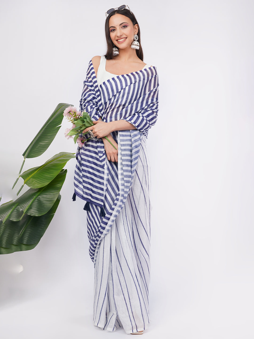 Samantha Women's Navy Blue & White Striped Linen Saree with White Blouse Piece | Minimalist Breathable Office Wear