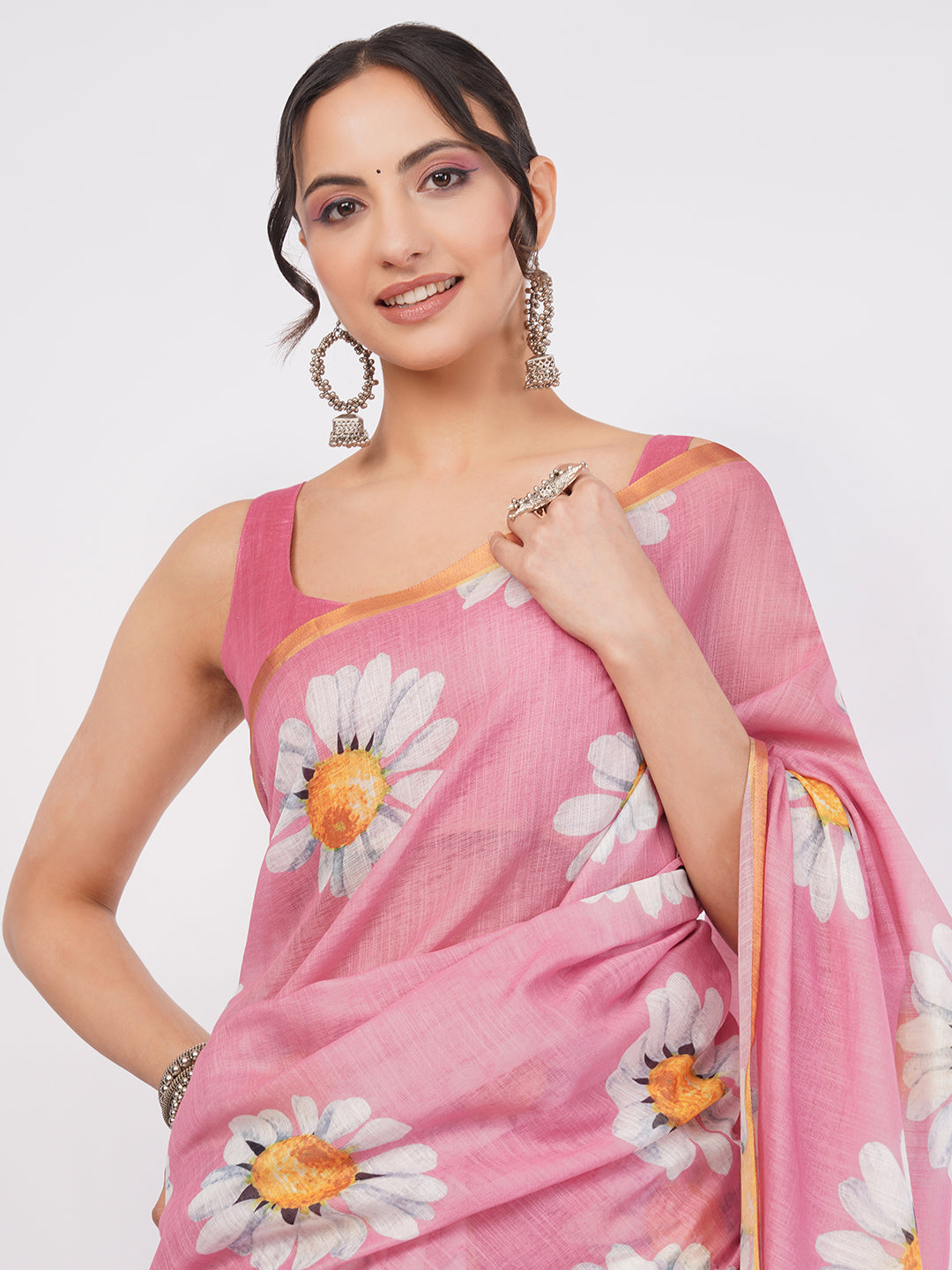 Samantha Women's Onion Pink Linen Saree with Giant Daisy Floral Prints & Zari Border | Breathable Summer Day Wear