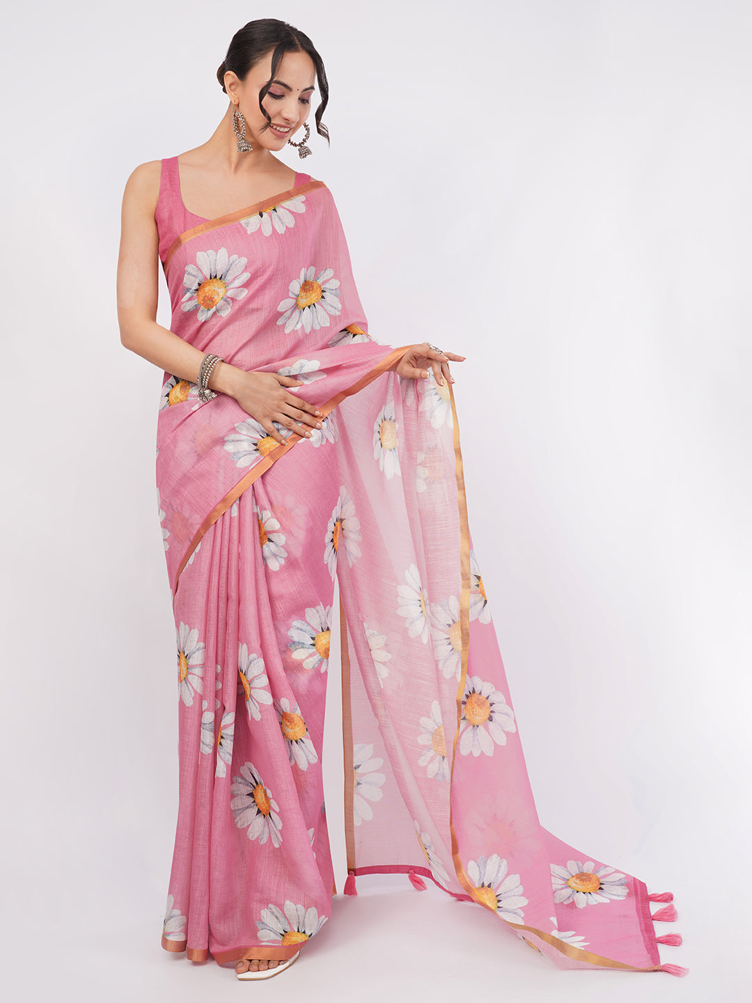 Samantha Women's Onion Pink Linen Saree with Giant Daisy Floral Prints & Zari Border | Breathable Summer Day Wear