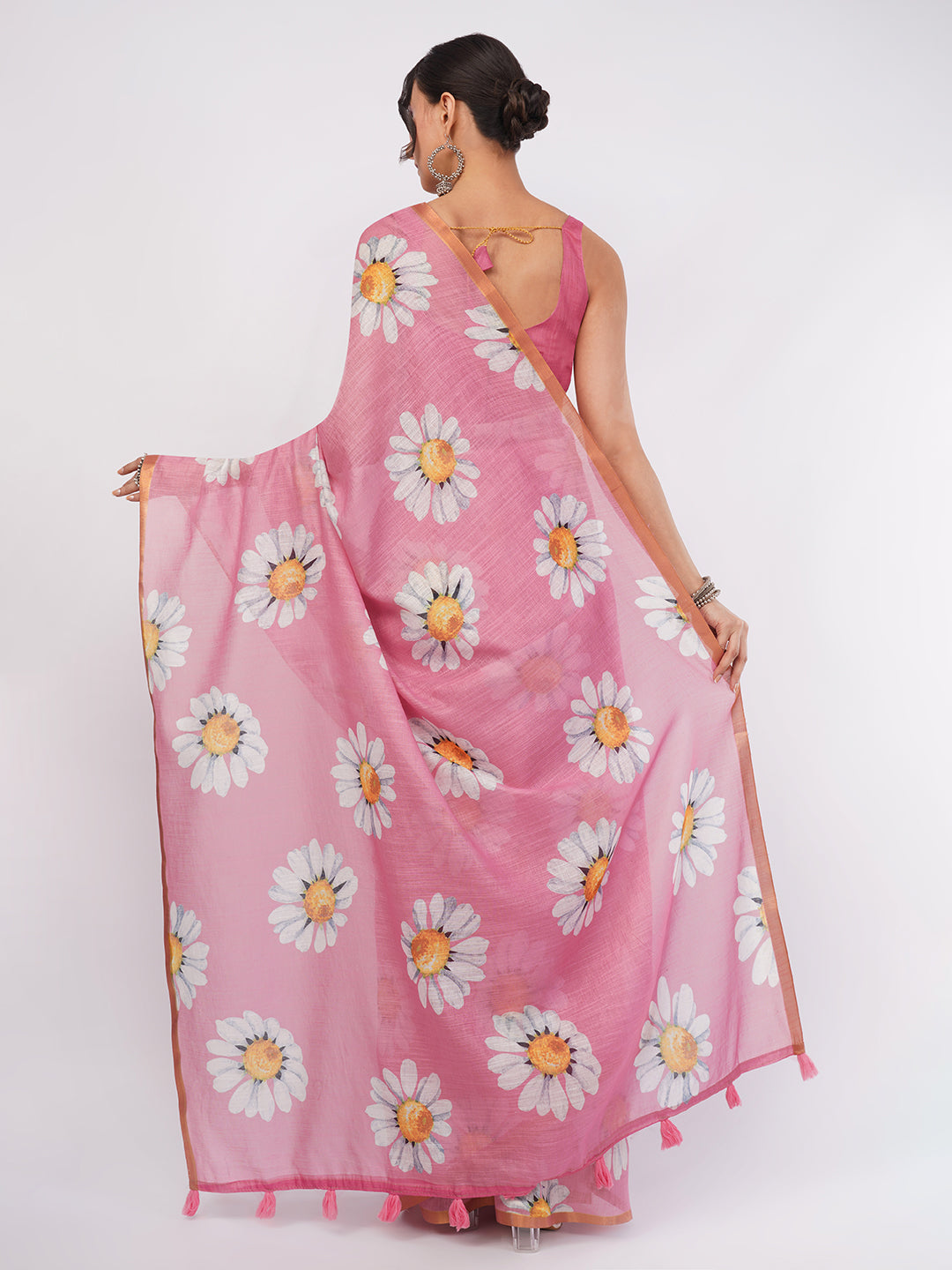 Samantha Women's Onion Pink Linen Saree with Giant Daisy Floral Prints & Zari Border | Breathable Summer Day Wear