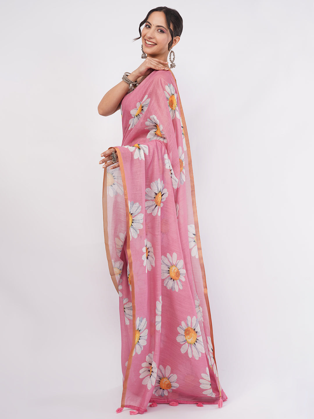 Samantha Women's Onion Pink Linen Saree with Giant Daisy Floral Prints & Zari Border | Breathable Summer Day Wear