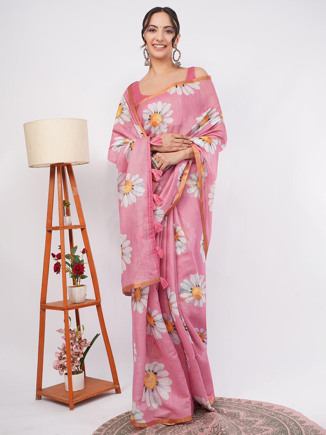 Samantha Women's Onion Pink Linen Saree with Giant Daisy Floral Prints & Zari Border | Breathable Summer Day Wear