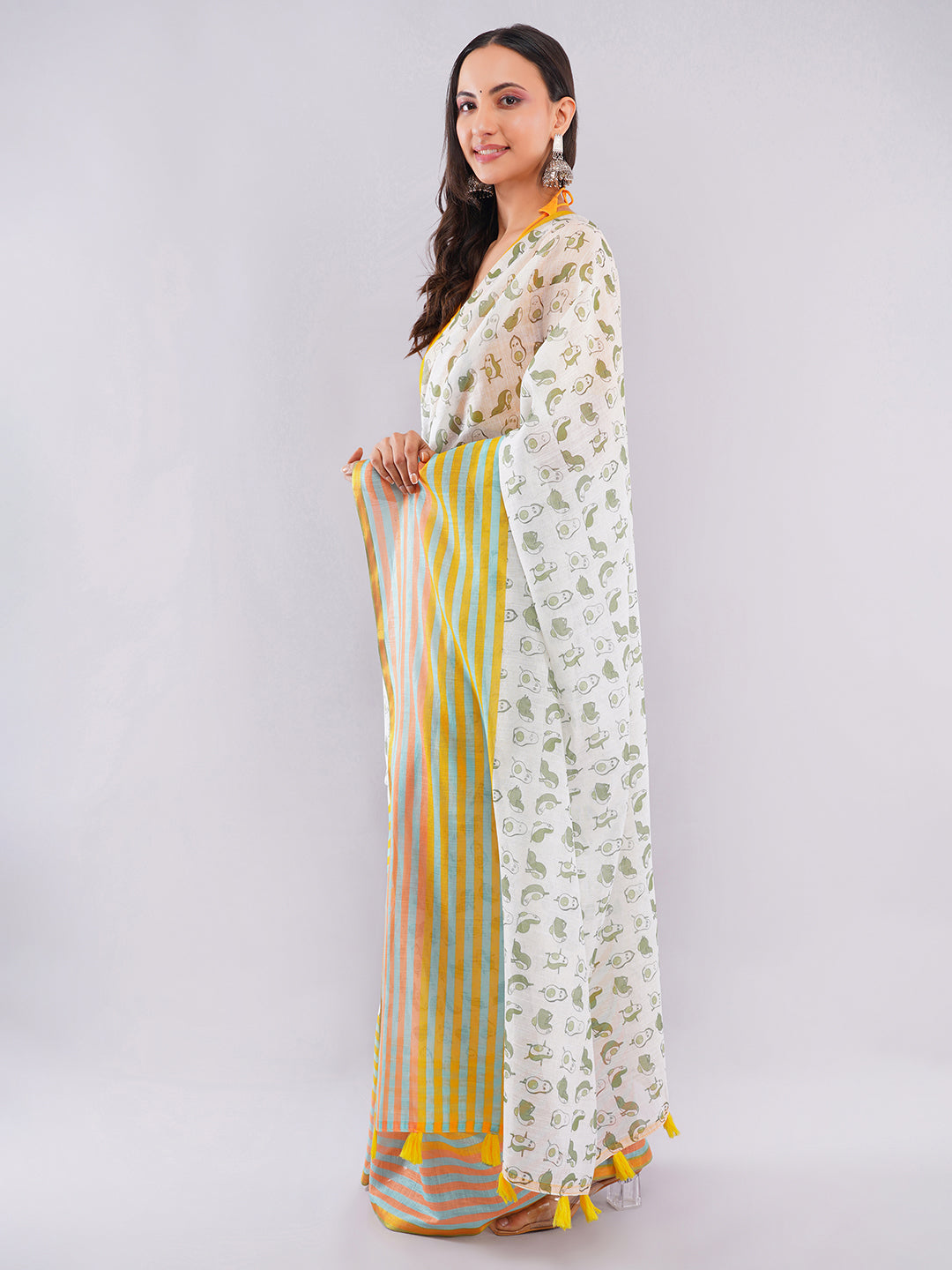 Samantha Women's White & Pista Green Linen Saree with Quirky Avocado & Penguin Print | Funky Breathable Summer Wear