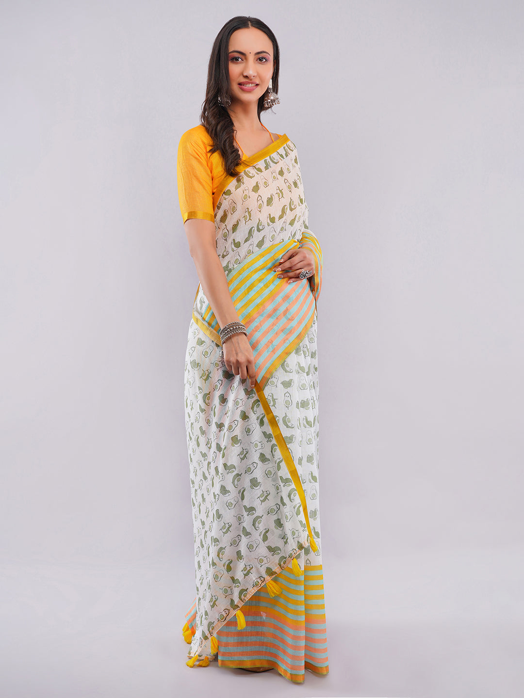 Samantha Women's White & Pista Green Linen Saree with Quirky Avocado & Penguin Print | Funky Breathable Summer Wear