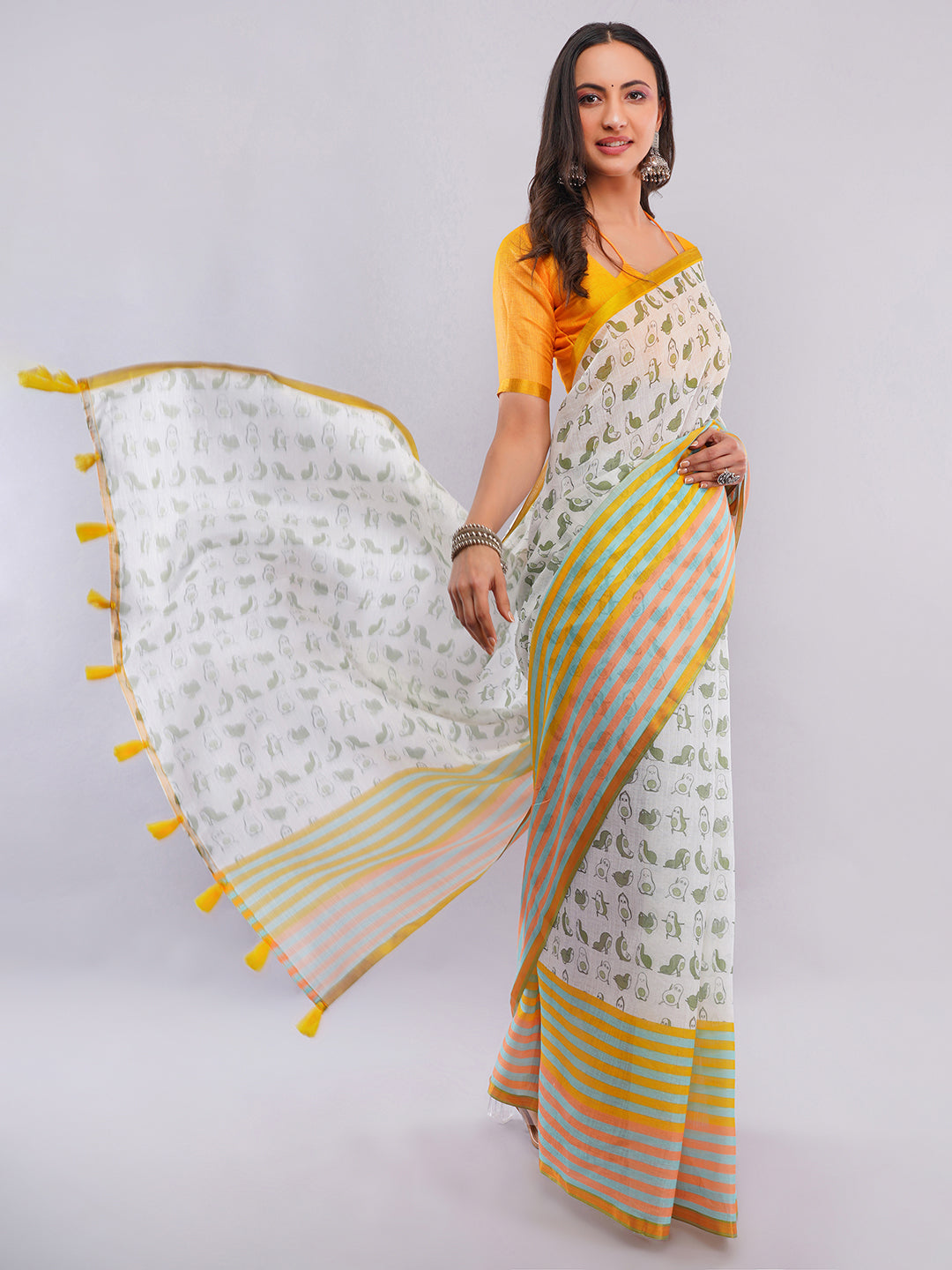 Samantha Women's White & Pista Green Linen Saree with Quirky Avocado & Penguin Print | Funky Breathable Summer Wear