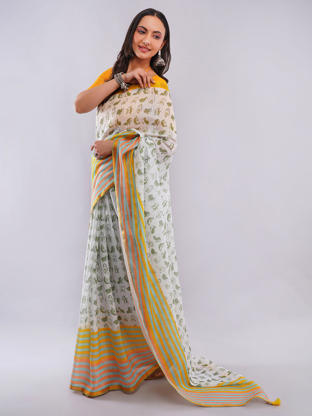 Samantha Women's White & Pista Green Linen Saree with Quirky Avocado & Penguin Print | Funky Breathable Summer Wear